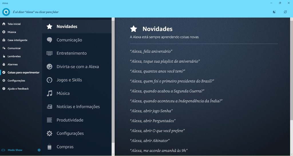 Tela principal do aplicativo Alexa na guia Coisas para experimentar. Imagem: reprodução.