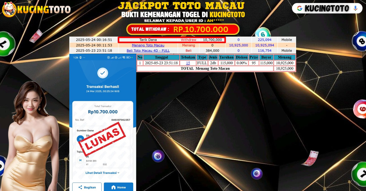 KUCINGTOTO JACKPOT TOGEL TOTO MACAU RP.10.700.000.,- LUNAS