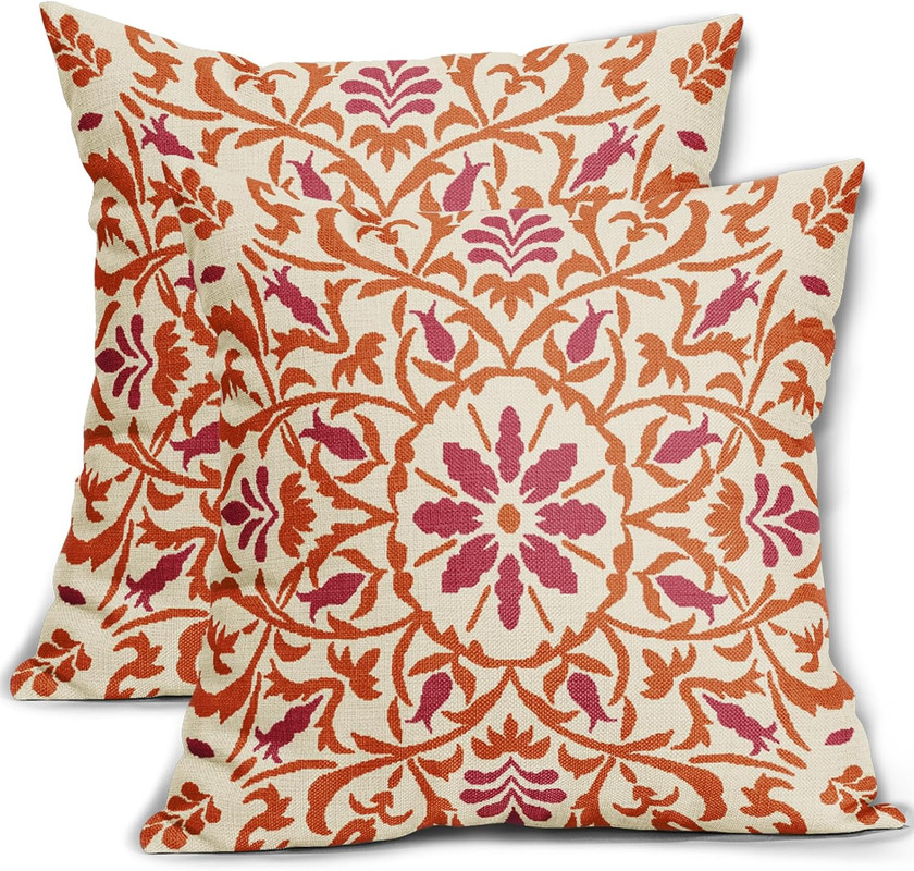 Orange Red Boho Pillow Covers 20 X 20 Inch Bohemian Ethnic Carpet Style