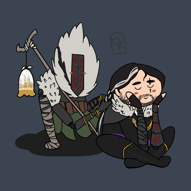 Monoco braiding Verso's hair. Verso is cupping his chin with his hands, looking content and blushing.