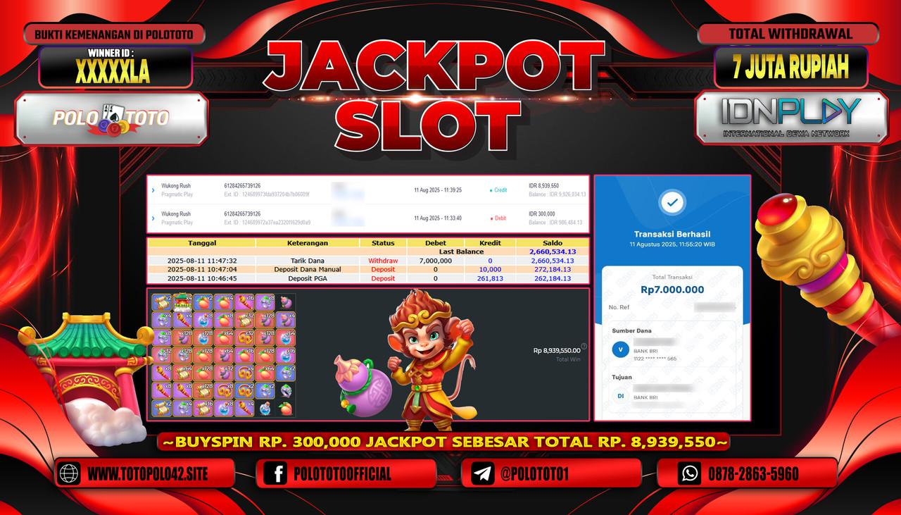 POLOTOTO JACKPOT SLOT WUKONG RUSH Rp.7.000.000,-LUNAS