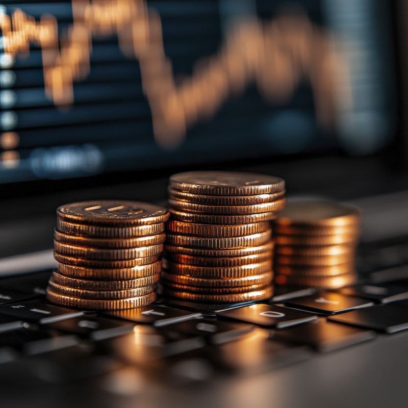 Pilhas de moedas diante de um gráfico financeiro em queda