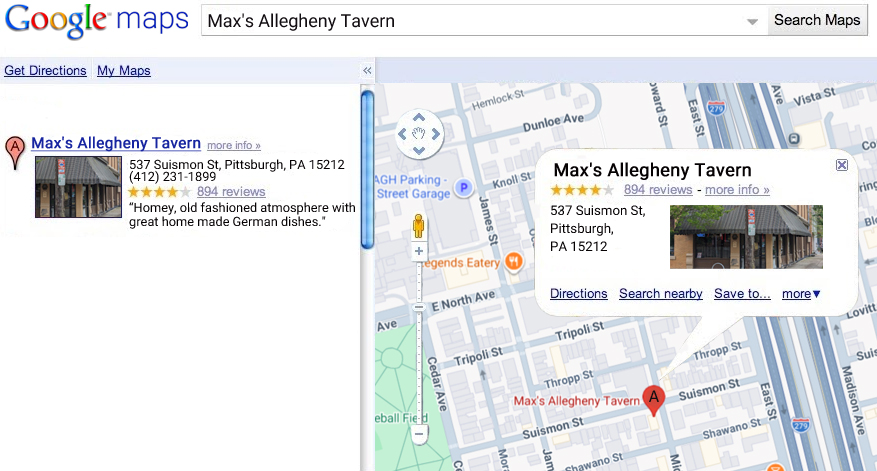 Screenshot of 2009 Google Maps listening a restaurant called Max's Allegheny Tavern