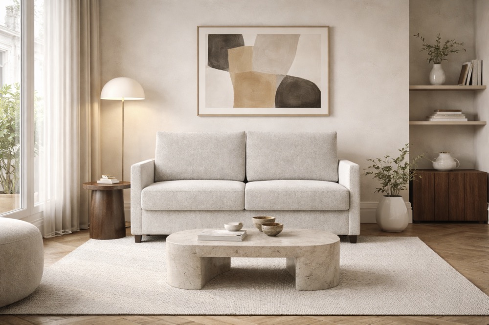 Neah 140 Slim Arms Innovation Living — canapé convertible compact accoudoirs fins dans un salon contemporain, pieds chêne foncé — Déco Éléments Paris 18e