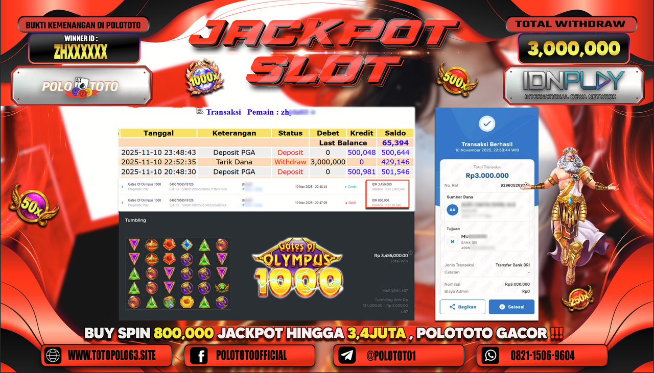 POLOTOTO JACKPOT SLOT GATES OF OLYMPUS 1000 Rp.3.000.000,- LUNAS