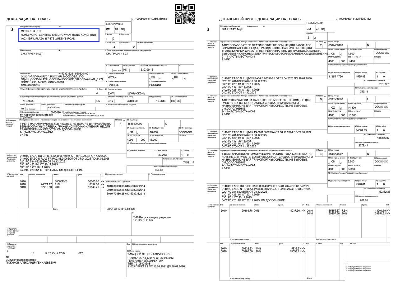 Пример Таможенной декларации (ГТД)