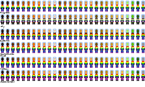 a row of people with pride flag shirts and light blue hair