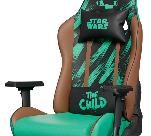 Silla gaming de Primus inspirada en Star Wars, con diseño en verde y marrón, con soporte lumbar y reposacabezas.