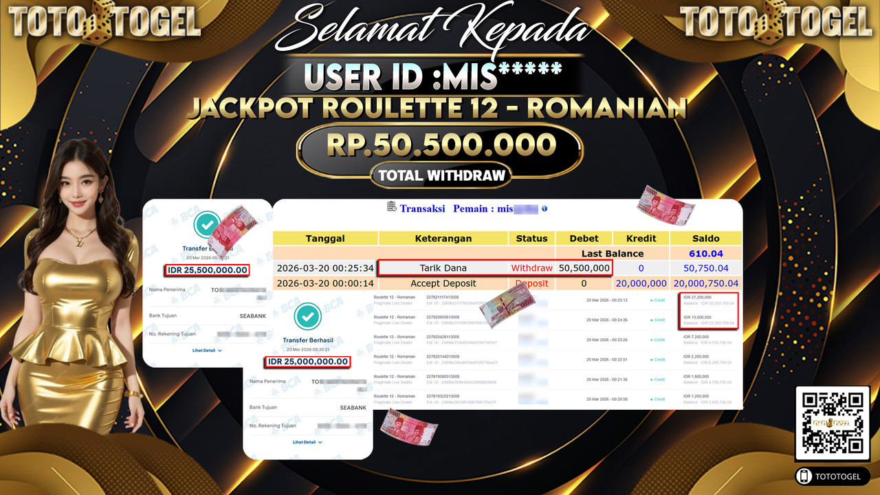 Bukti Pembayaran Jackpot Permainan Pragmatic Live Roulette 12 - Romanian ID:MIS*****LUNAS