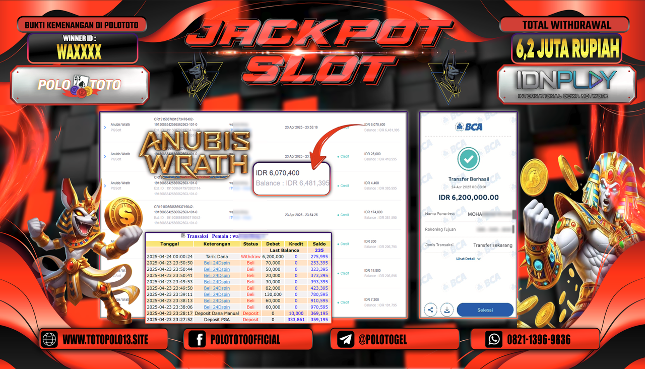POLOTOTO JACKPOT SLOT ANUBIS WRATH Rp.6.200.000,-