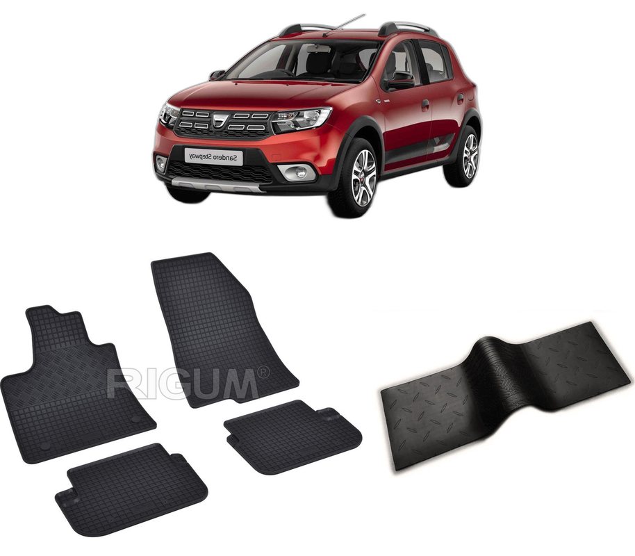 Set covorase auto DACIA SANDERO STEPWAY SANDERO III STEPWAY din 01.2021-PREZENT, cu covoras tunel median, CAROSERIE HATCHBACK, Presuri cauciuc 100%, compatibil cu autoturismul DACIA SANDERO STEPWAY SANDERO III STEPWAY, Rigum
