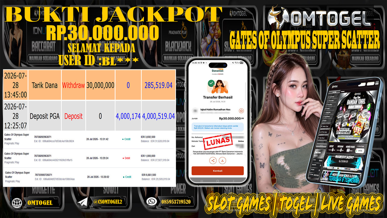 OMTOGEL JACKPOT PRAGMATICPLAY GATES OF OLYMPUS SUPER SCATTER  Rp,30,000,000,- DIBAYAR LUNAS
