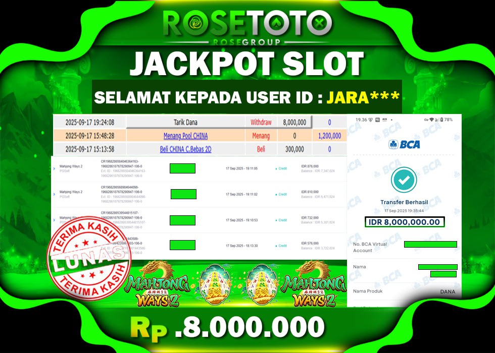 ROSETOTO JACKPOT SLOT MAHJONG WAYS Rp.8.000.000.,- LUNAS