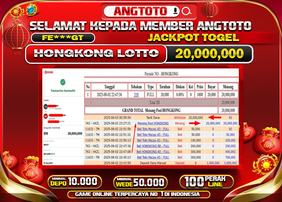 BUKTI PELUNASAN 2 AGUSTUS 2025 MENANG DI PASARAN HONGKONG LOTTO TOTAL WD 20 JUTA