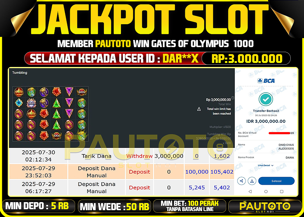 BUKTI PEMBAYARAN TGL 29 JULY 2025 MENANG DI PERMAINAN GATES OF OLYMPUS 1000 TOTAL WD 3 JUTA