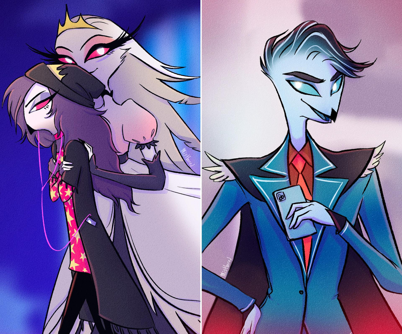 Two images side by side, the first of Octavia looking sullen while a devious Stella guides her on, the second image is of Altair, an absolute douchebag of a Goetic demon in all his finance bro glory