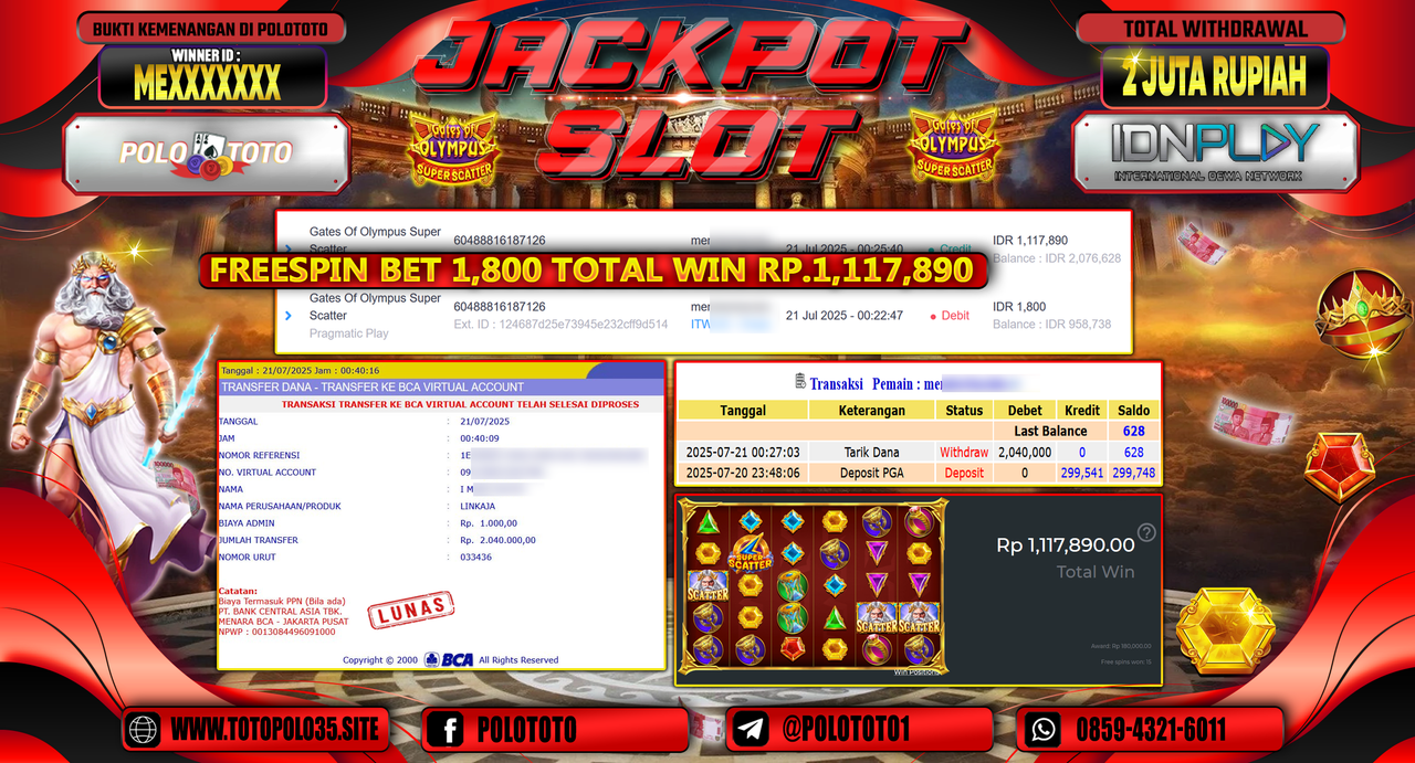POLOTOTO JACKPOT SLOT GATES OF OLYMPUS SUPER SCATTER Rp.2.000.000,- LUNAS