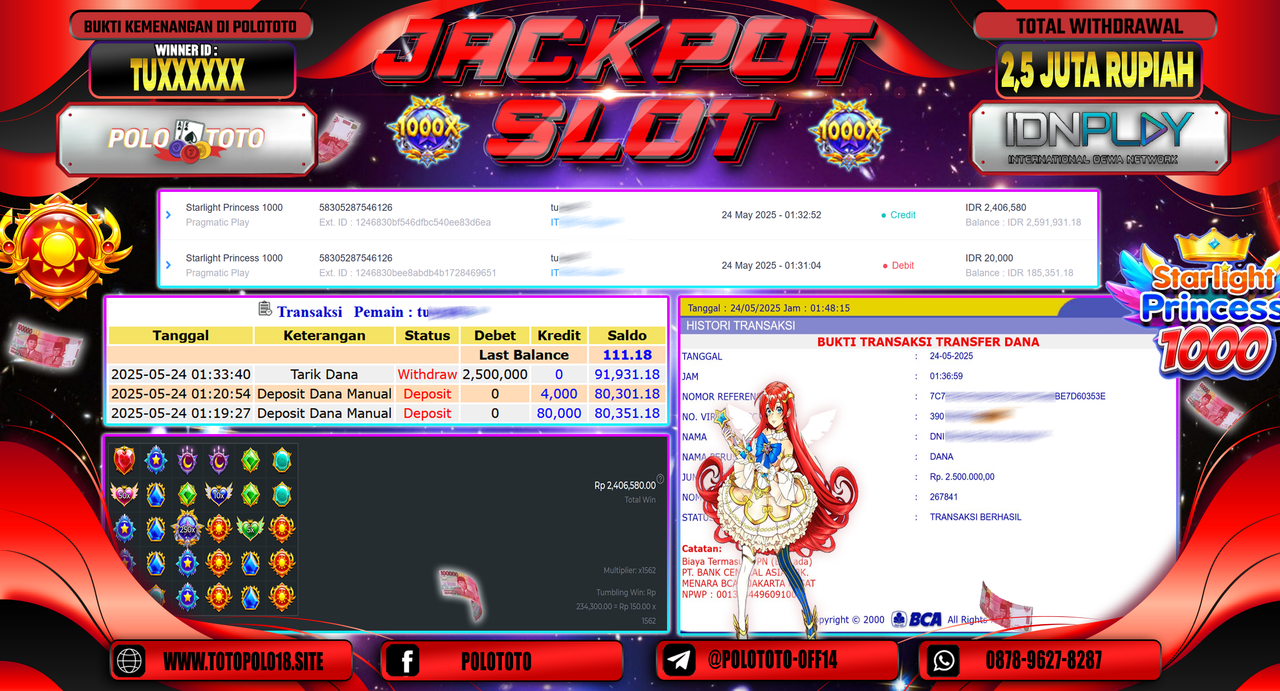 POLOTOTO JACKPOT SLOT STARLIGHT PRINCESS 1000 Rp.2.500.000,-
