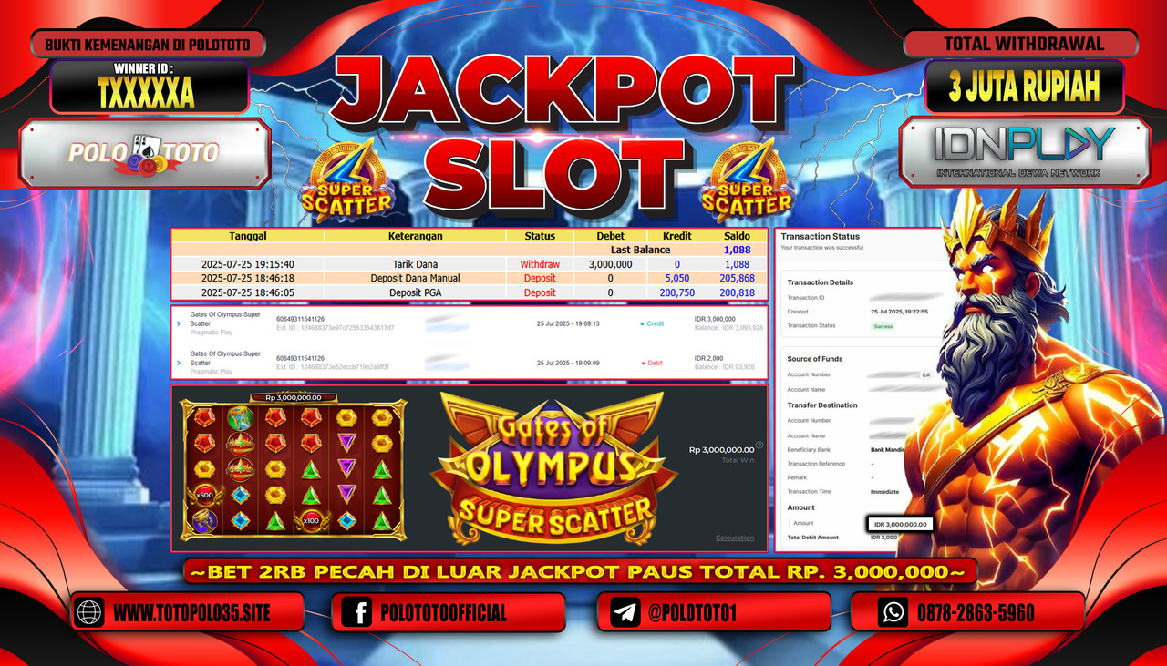 POLOTOTO JACKPOT SLOT GATES OF OLYMPUS SUPER SCATTER Rp.3.000.000,- LUNAS