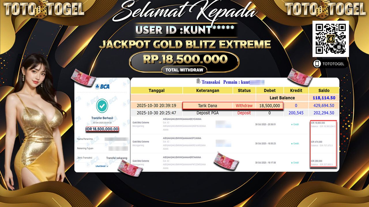 Bukti Pembayaran Jackpot Permainan Slot Gold Blitz Extreme ID:KUNT**** LUNAS