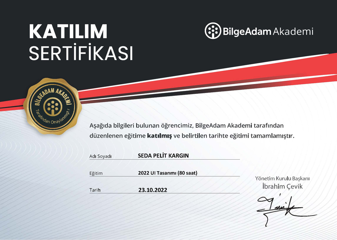 SEDA PELİT KARGIN UI DESIGN KATILIM SERTİFİKASI