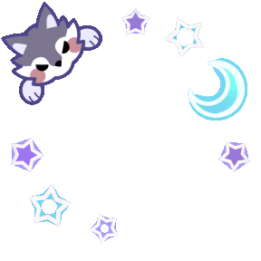 an animated frame of spinning glowing stars a moon and a little cartoon wolf angrily biting the edge of the frame