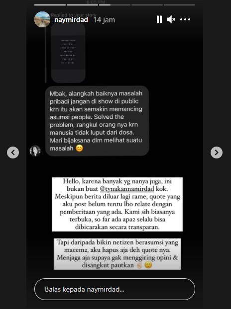 Unggahan Instagram Story Naysilla Mirdad