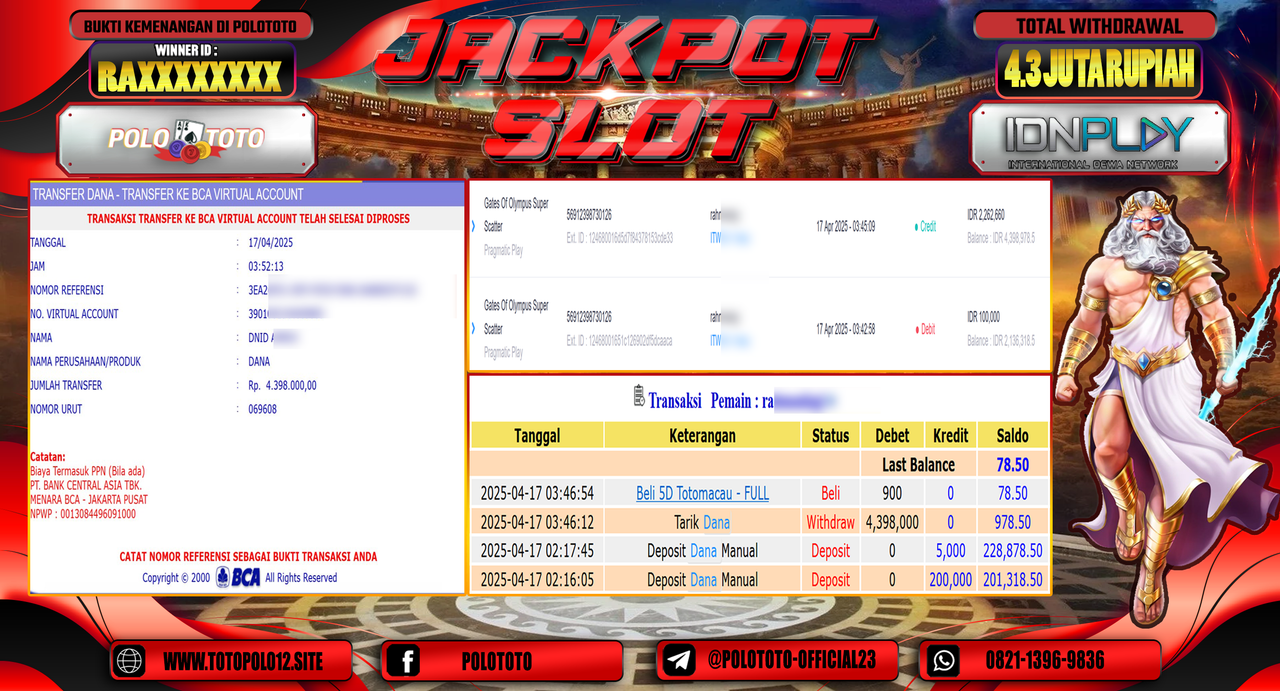 POLOTOTO JACKPOT SLOT GATES OF OLYMPUS SUPER SCATTER Rp.4.398.000,-