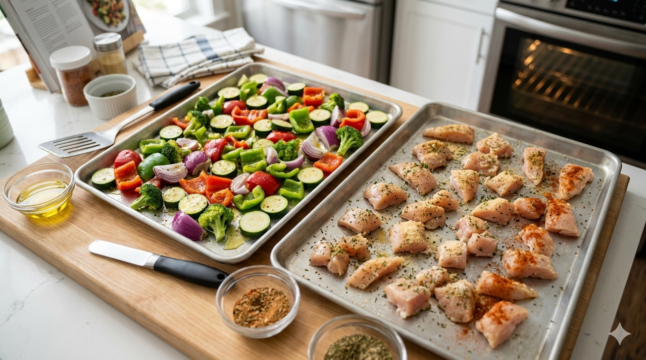 Baking sheets with chopped vegetables and chicken ready for oven roasting during meal prep session for week planning