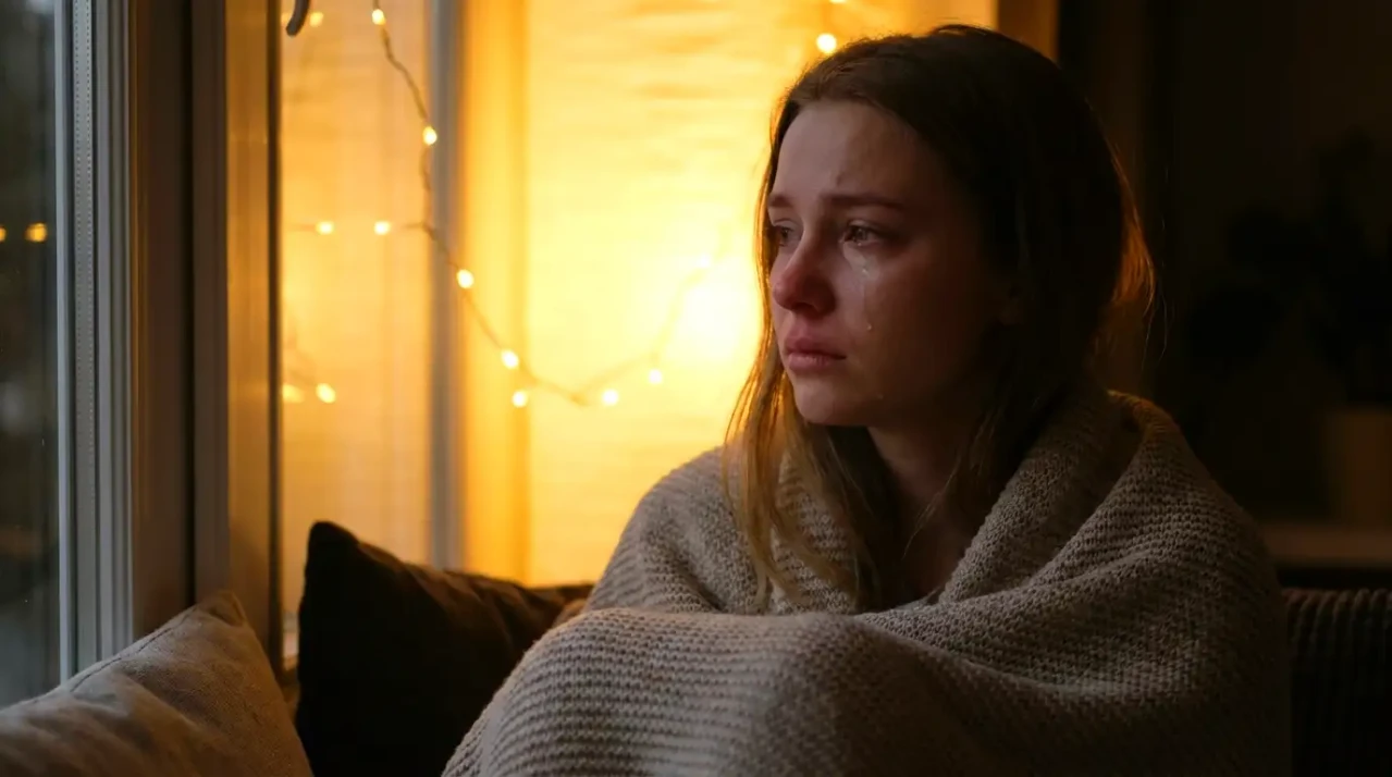 mujer joven sintiéndose sola y triste mirando hacia abajo con luz suave emocional