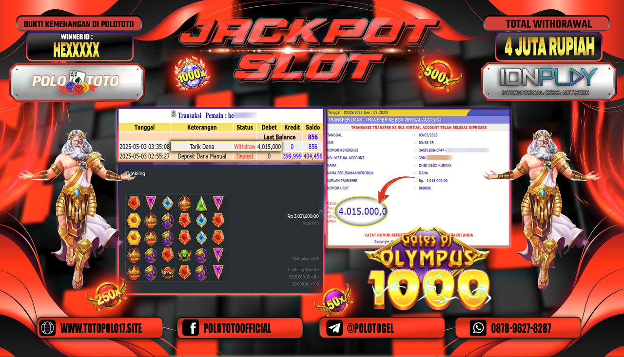 POLOTOTO JACKPOT SLOT GATES OF OLYMPUS 1000 Rp.4.015.000,-