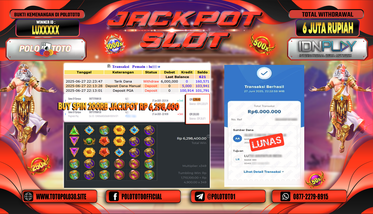 POLOTOTO JACKPOT SLOT GATES OF OLYMPUS Rp.6.000.000,-