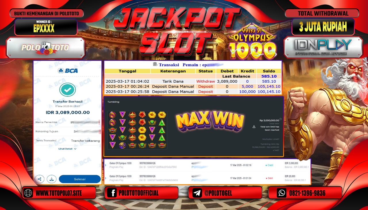 POLOTOTO JACKPOT SLOT GATES OF OLYMPUS 1000 Rp.3.089.000,-