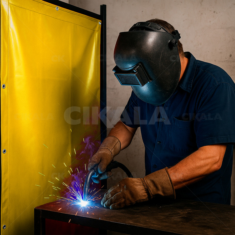 Cortina amarilla de soldadura instalada en un entorno industrial
