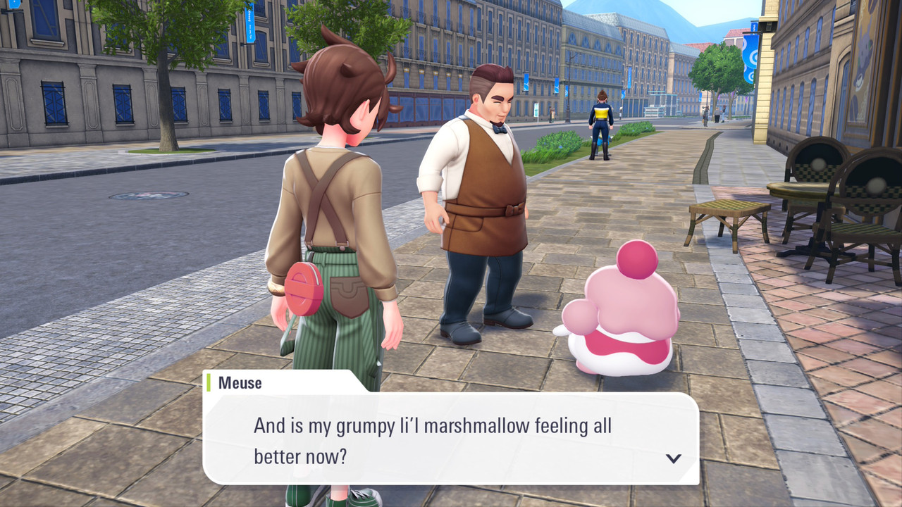Meuse, a café owner in Lumoise, talking to his Slurpuff as Tyler watches. "And is my grump li'l marshmallow feeling all better now?"