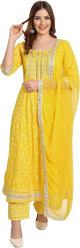 Rangnavi Women Rayon Anarkali Embroidered Printed Kurta Pant & Dupatta Set