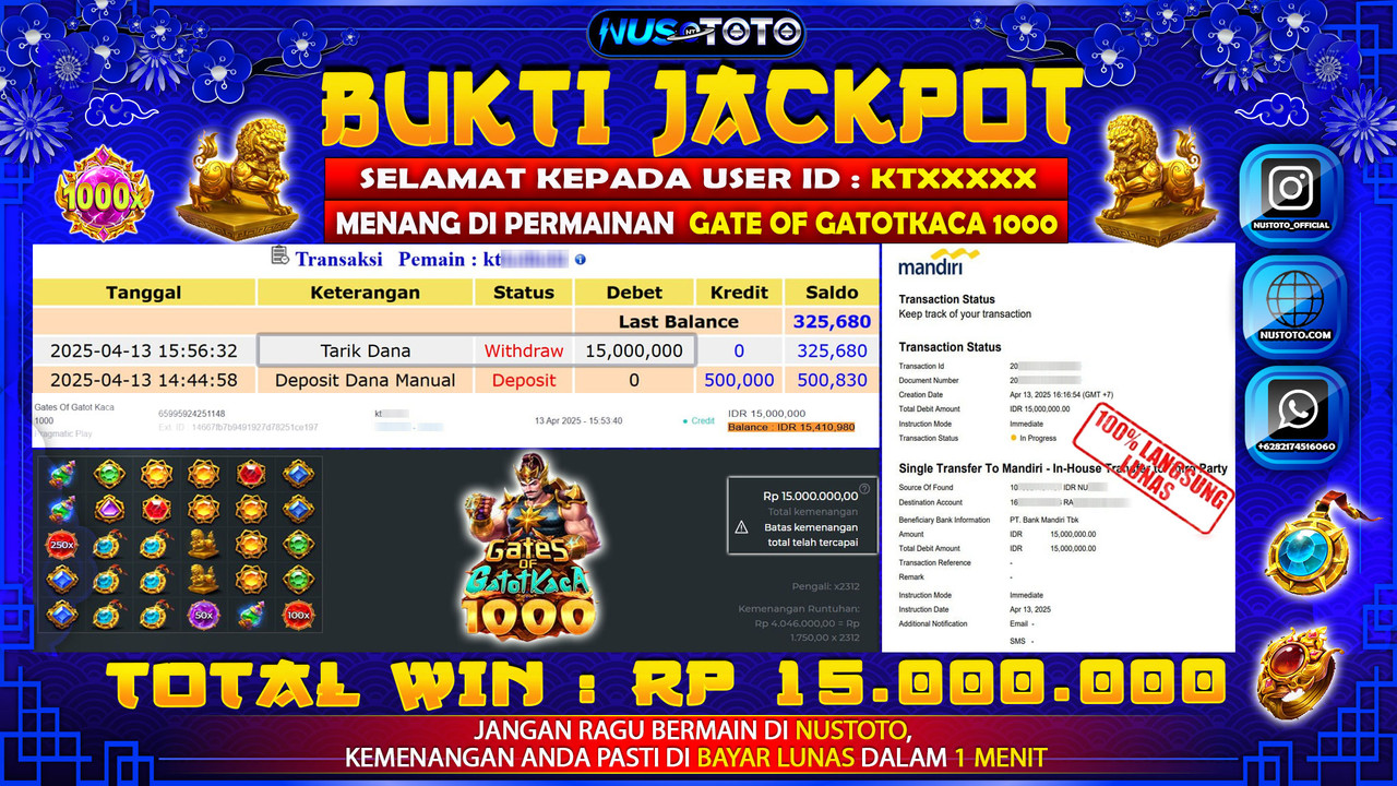 JACKPOT !! MENANG BESAR DI SLOT GATES OF GATOTKACA 1000 Rp. 15.000.000 LANGSUNG DI BAYAR LUNAS NUSTOTO !!