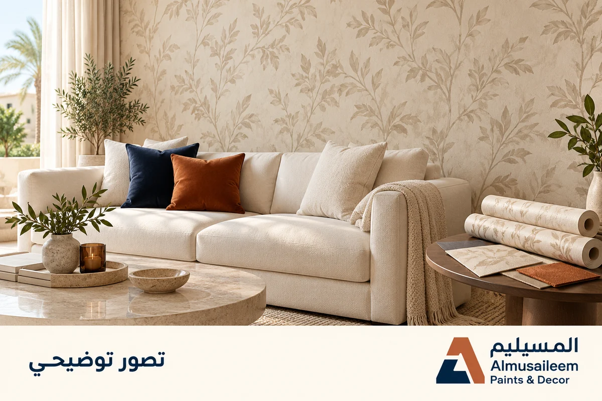 تصور توضيحي لجدار بورق مزخرف مع شعار المسيليم