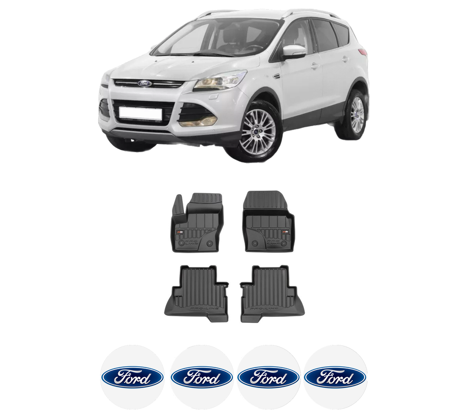 Set covorase presuri FORD KUGA II din 2016-2023, auto, din cauciuc thermoplastic, 4 Stickere auto cu FORD
