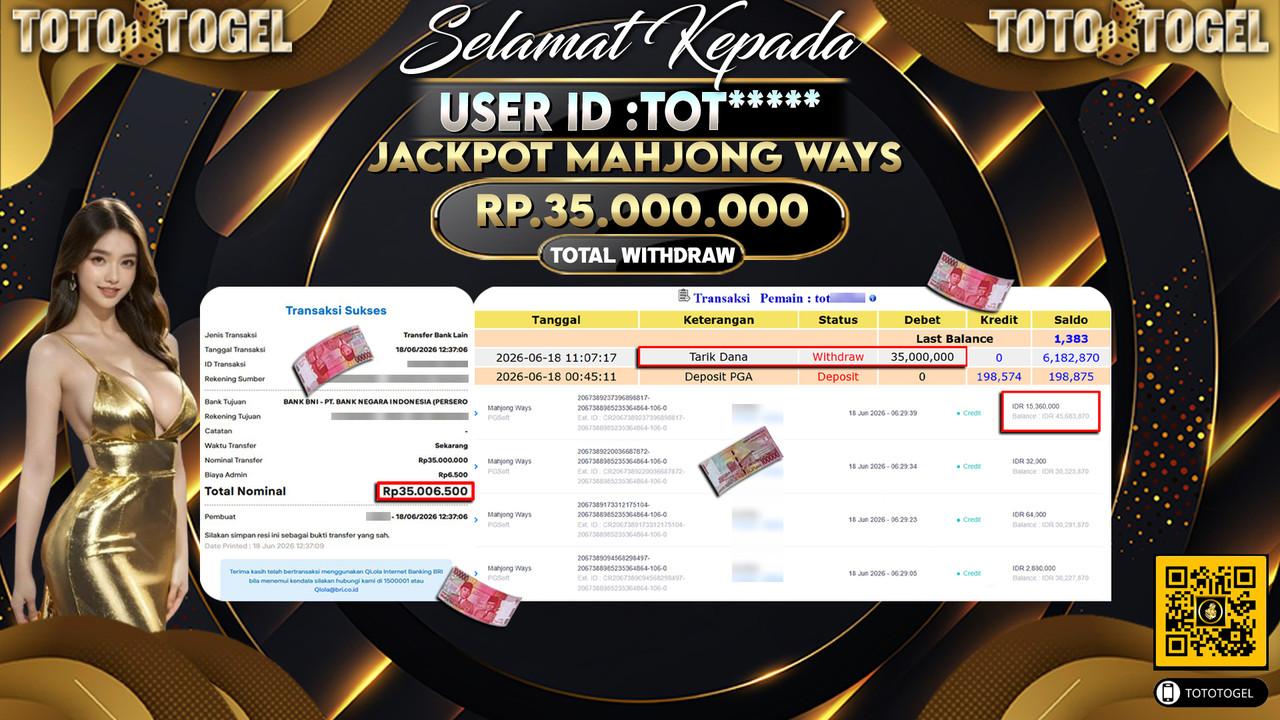 Bukti Pembayaran Jackpot Permainan Slot Mahjong Ways ID:TOT*****LUNAS