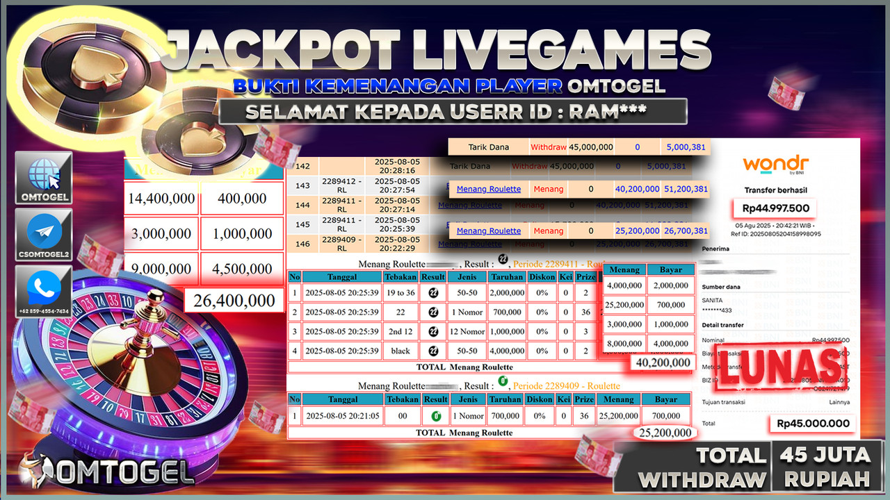 OMTOGEL JACKPOT LIVEGAMES ROULETTE 45 JUTA DI BAYAR LUNAS ,-