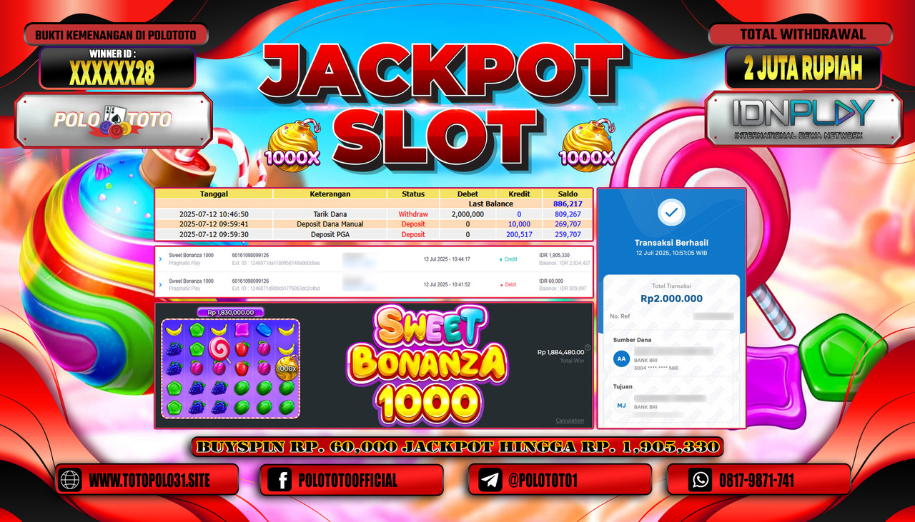 POLOTOTO JACKPOT SLOT SWEET BONANZA 1000 Rp.2.000.000,- LUNAS