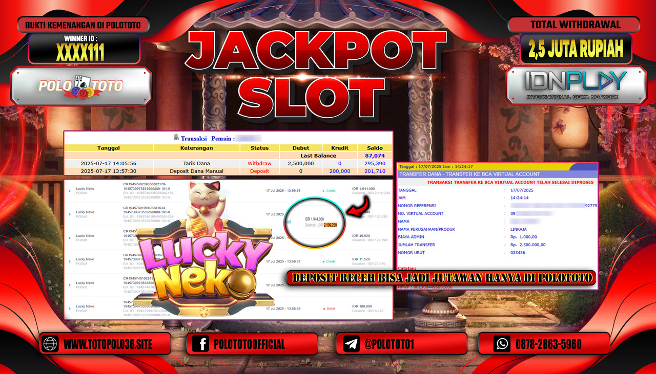 POLOTOTO JACKPOT SLOT LUCKY NEKO Rp.2.500.000,- LUNAS