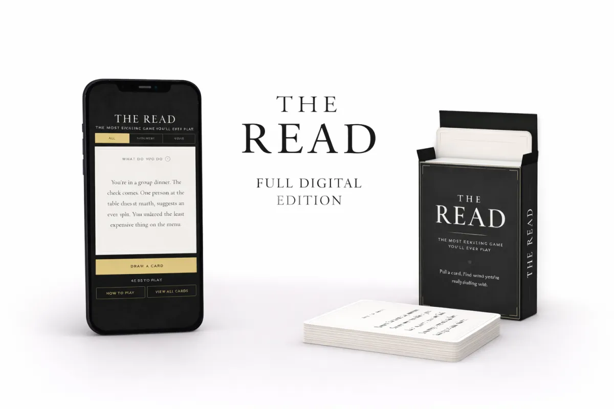 The Read — Full Digital Edition. Phone showing the card interface alongside the card box and fanned cards.