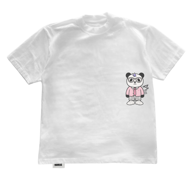 T-shirt blanc, panda noir et blanc, vêtements roses