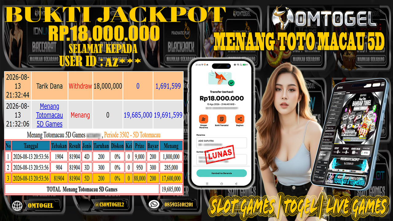 OMTOGEL JACKPOT MENANG TOTO MACAU 5D Rp,18,000,000,- DIBAYAR LUNAS