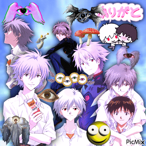 A collage of Shinji and Kaworu from Evangelion