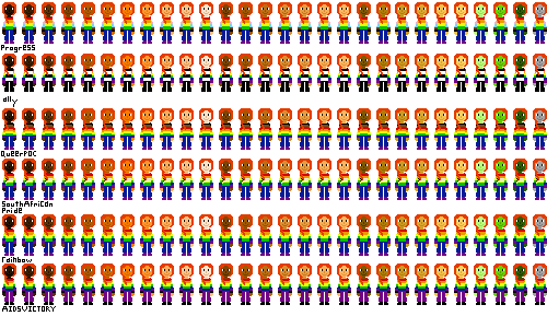 a row of people with pride flag shirts and red-orange hair
