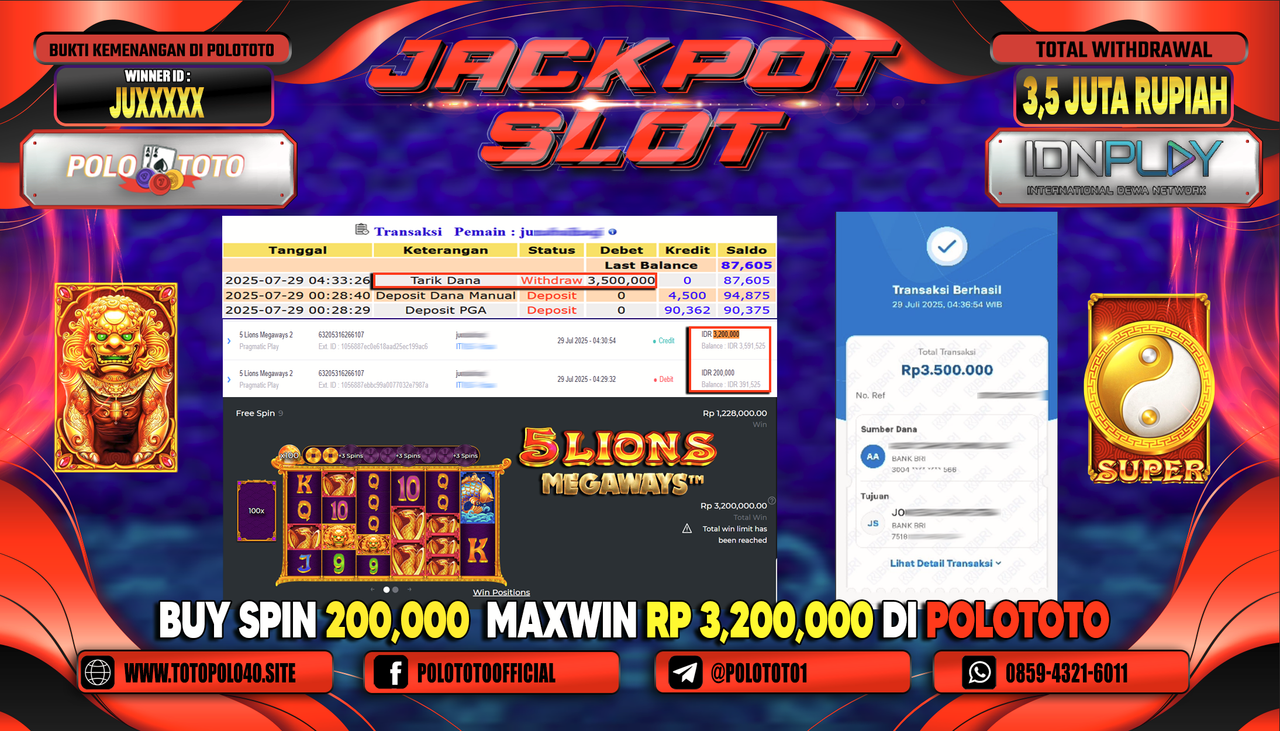 POLOTOTO JACKPOT SLOT 5 LIONS MEGAWAYS Rp.3.500.000,-LUNAS