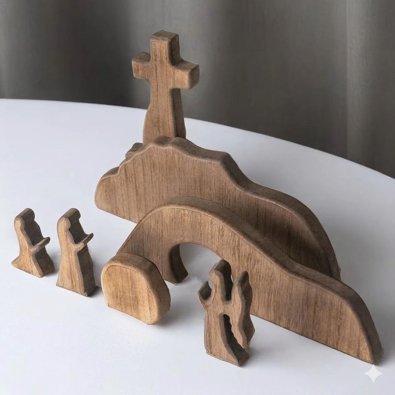 Easter Resurrection Scene 7-Piece Wooden Tabletop Set – Handcrafted Cross, Tomb, and Figurines Commemorative Display